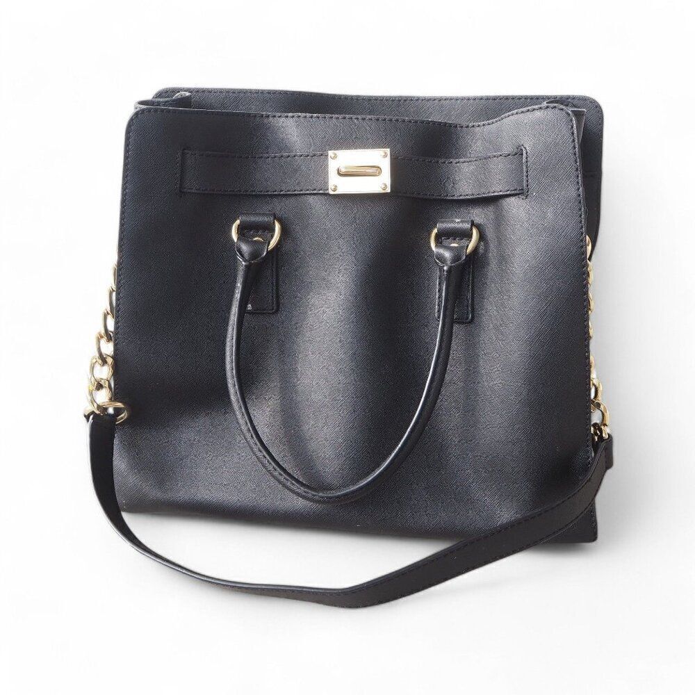 Michael Kors Hamilton Large Saffiano Leather Tote‎ Bag Purse Black / Gold OS